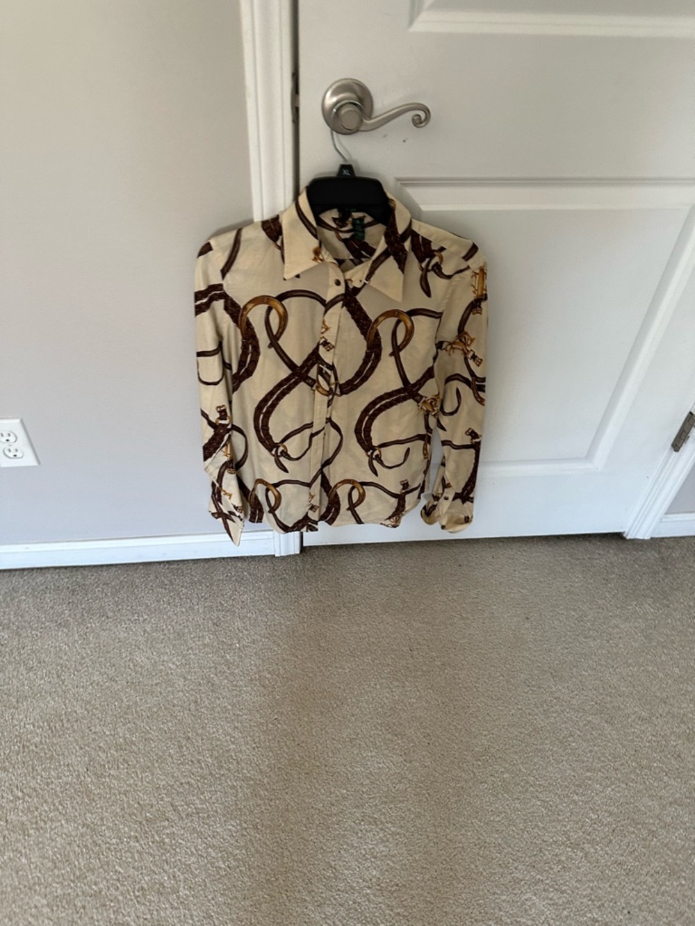 Lauren Ralph Lauren Cream Blouse with Brown and Gold Bridle Print